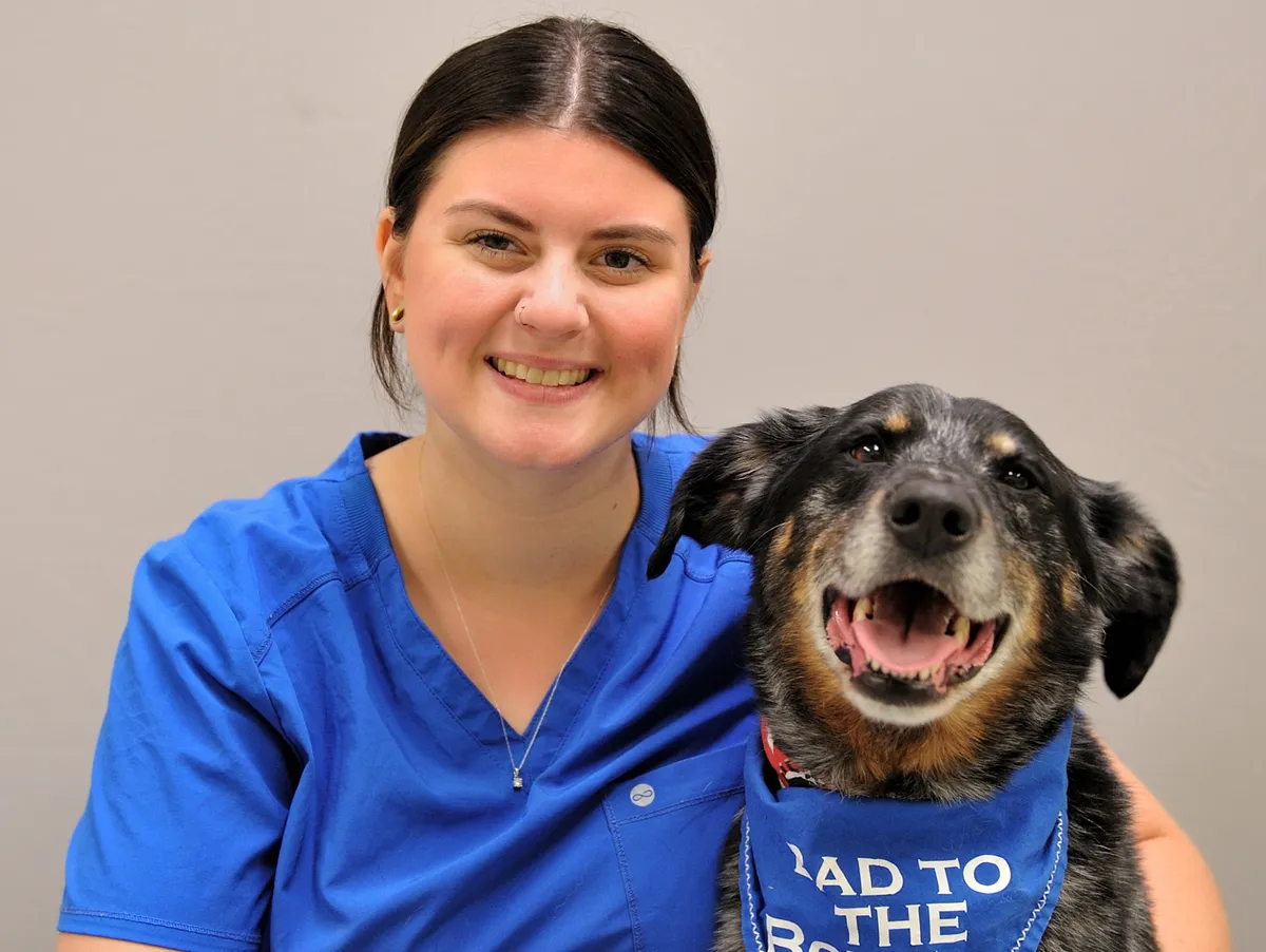 Smiling veterinarian in blue scrubs with black and tan dog wearing blue bandana at Centerville Ohio animal hospital