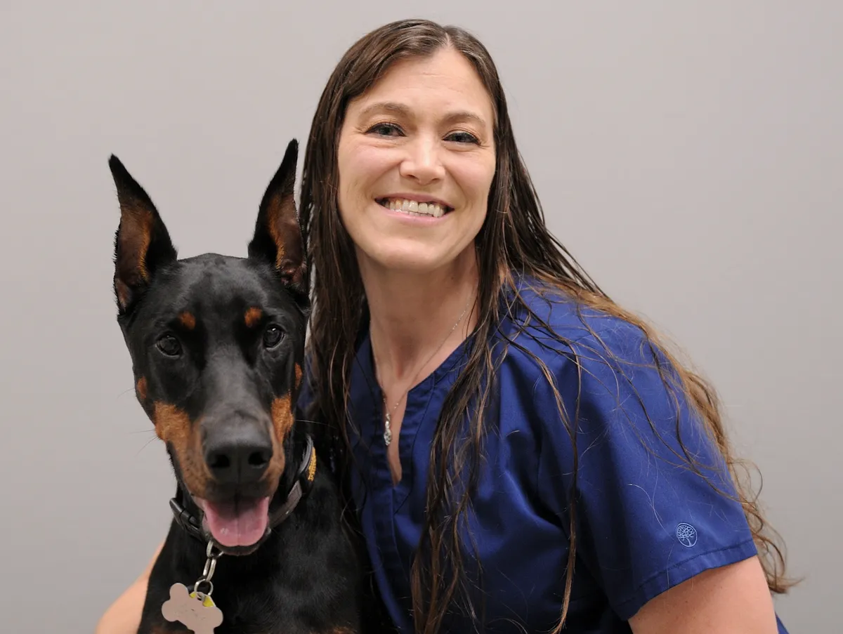 Smiling veterinarian in blue scrubs posing with a black and tan Doberman Pinscher against a gray background