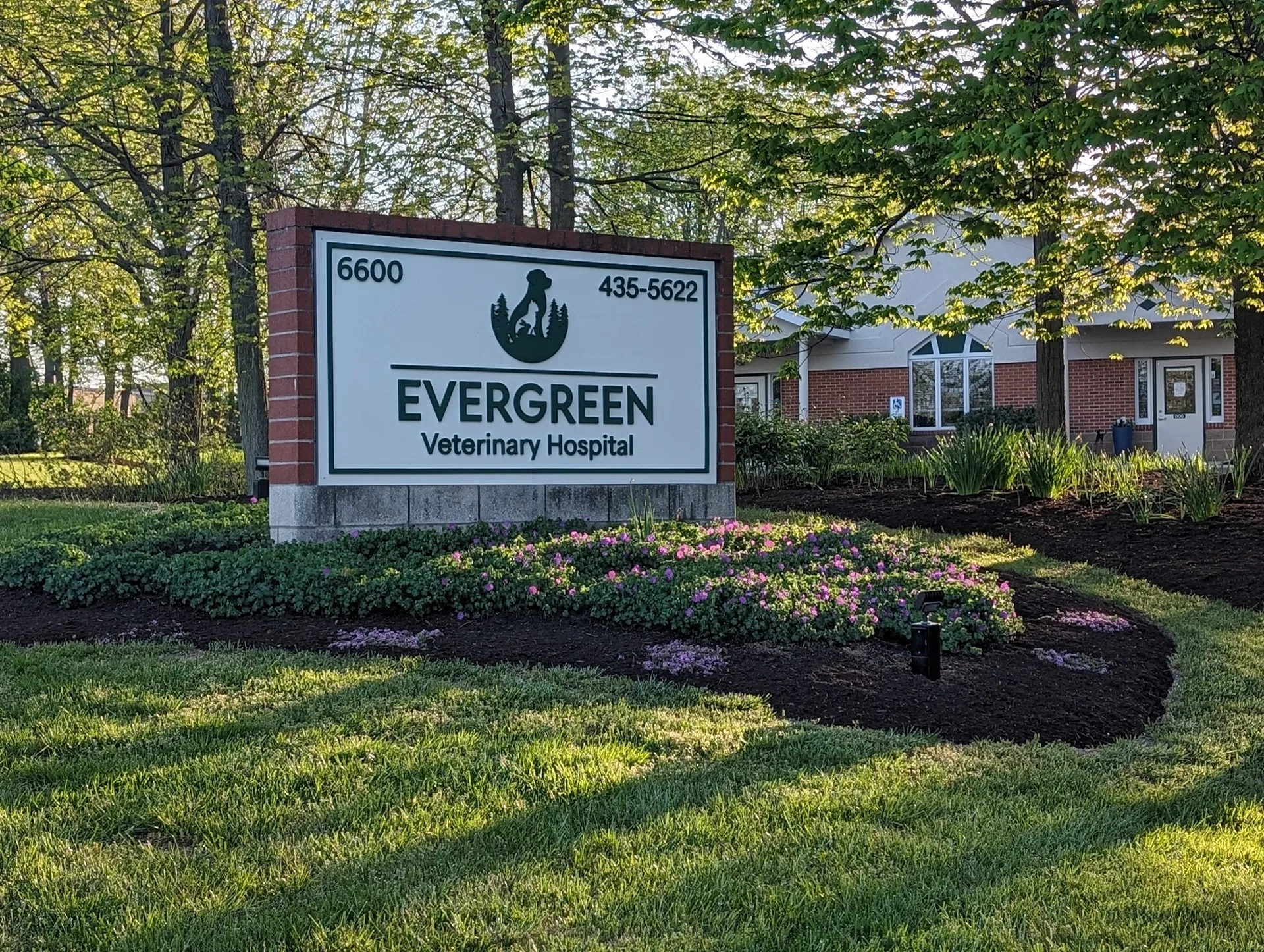 Evergreen Veterinary Hospital sign at 6600 displaying address 435-5622, with brick building and landscaped flowers in Centerville, Ohio