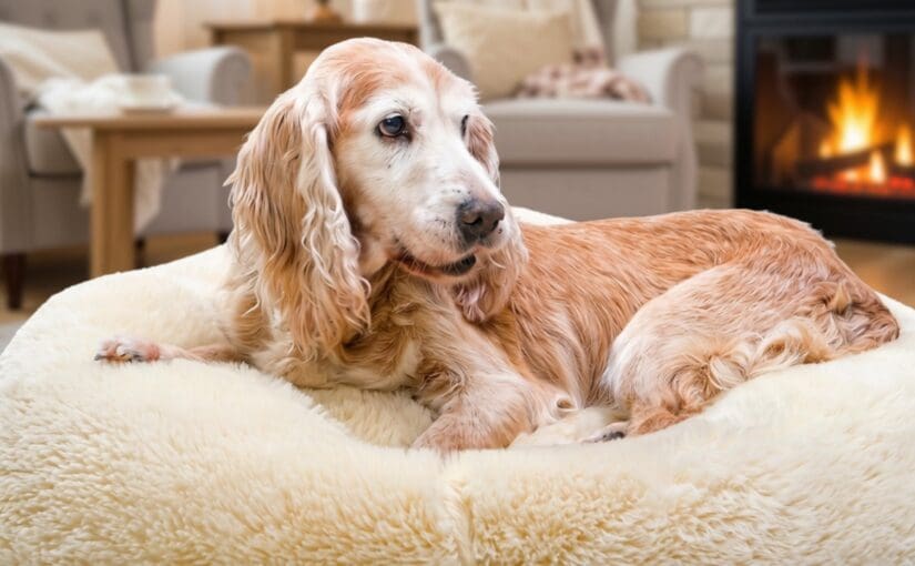 Senior golden retriever resting on cream-colored bed in cozy living room with fireplace, representing compassionate senior pet care at a Centerville Ohio veterinary practice
